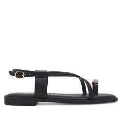 Sandalias planas ETIKA negras con tiras cruzadas y anillo dorado al dedo - Querol online