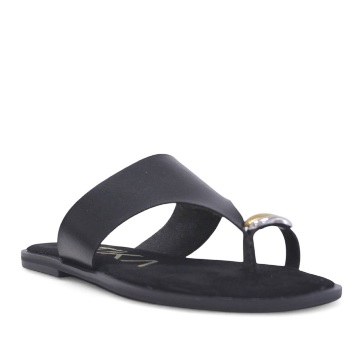 Sandalias planas ETIKA negras de pala con doble anillo al dedo - Querol online