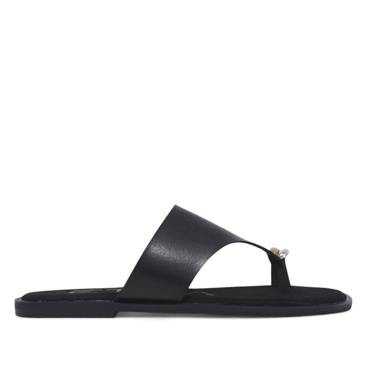 Sandalias planas ETIKA negras de pala con doble anillo al dedo - Querol online