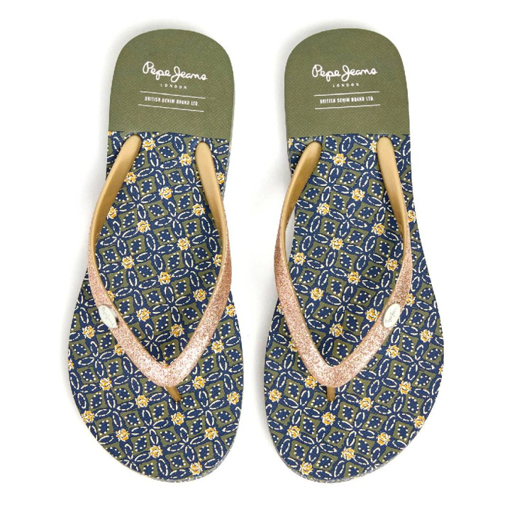 Chanclas Pepe Jeans rake wing doradas con flores - Querol online