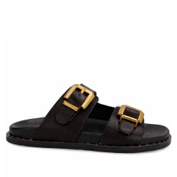 Sandalias planas Alpe isabela negras con hebillas doradas - Querol online