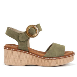 Sandalias cuña Fluchos nido verdes con hebilla efecto carey - Querol online