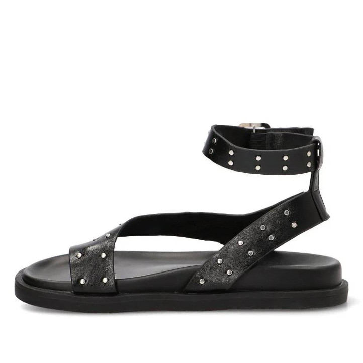 Sandalias planas Querol negras con tachulas y tiras al dedo y tobillo - Querol online