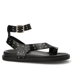 Sandalias planas Querol negras con tachulas y tiras al dedo y tobillo - Querol online
