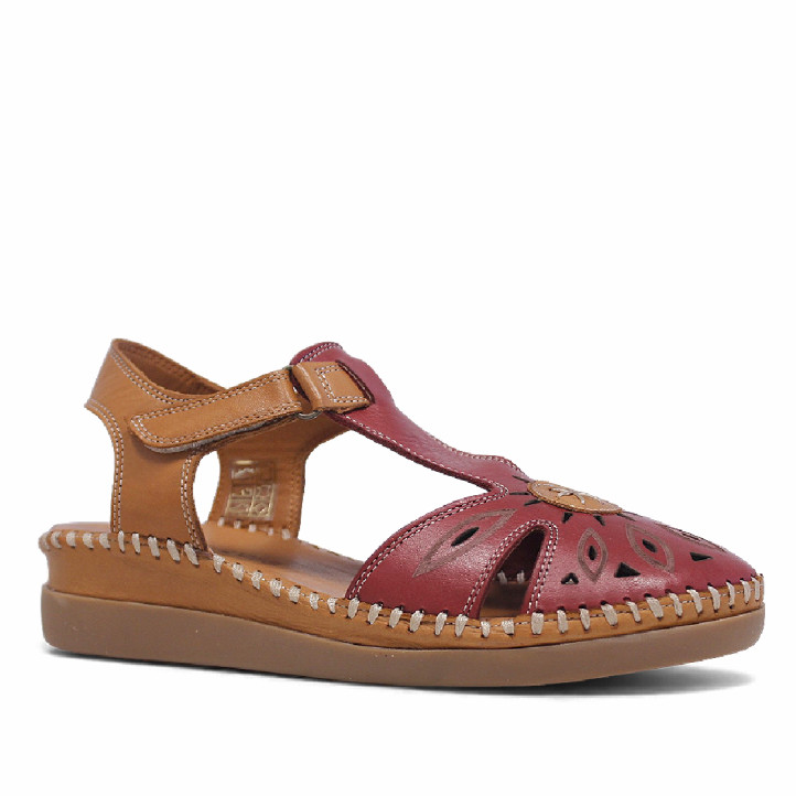 Zapatos planos 48H rojos y marrones con cierre de velcro y detalle frontal marrón - Querol online