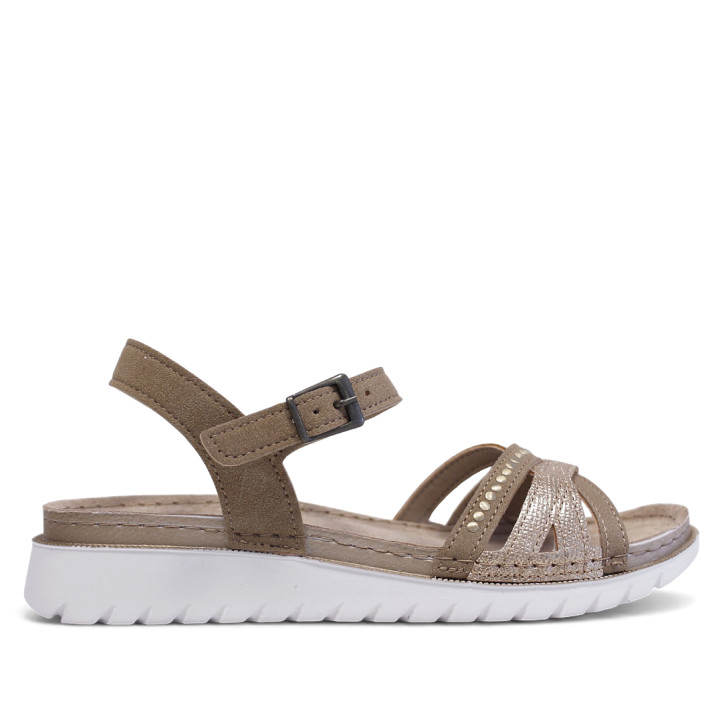 Sandalias planas In Blu marrones con tiras brillantes y apliques - Querol online