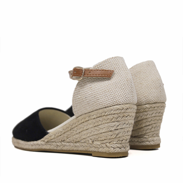 Alpargatas cuña Querol negras con puntera de punto cogidas al tobillo - Querol online