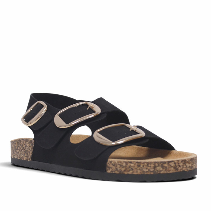 Sandalias planas Querol negras con triple hebilla dorada de estilo bio - Querol online