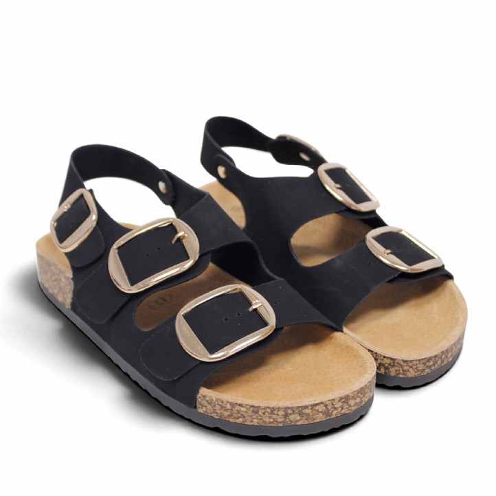 Sandalias planas Querol negras con triple hebilla dorada de estilo bio - Querol online