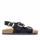 Sandalias planas Querol negras con triple hebilla dorada de estilo bio - Querol online