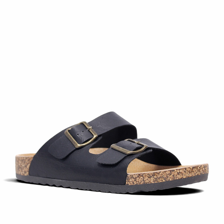 Sandalias Querol estilo bio negras con doble hebilla y suelo efecto corcho - Querol online