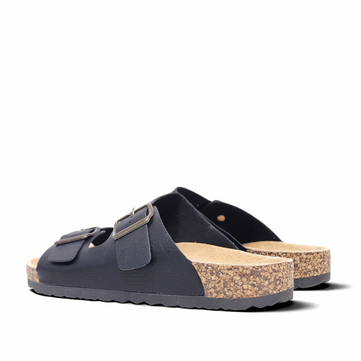 Sandalias Querol estilo bio negras con doble hebilla y suelo efecto corcho - Querol online