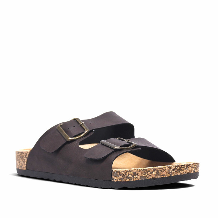 Sandalias Querol estilo bio marrones con doble hebilla y suela efecto corcho - Querol online