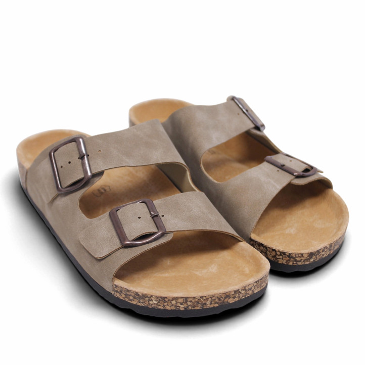 Sandalias Stay estilo bio taupe con doble hebilla y suela efecto corcho - Querol online