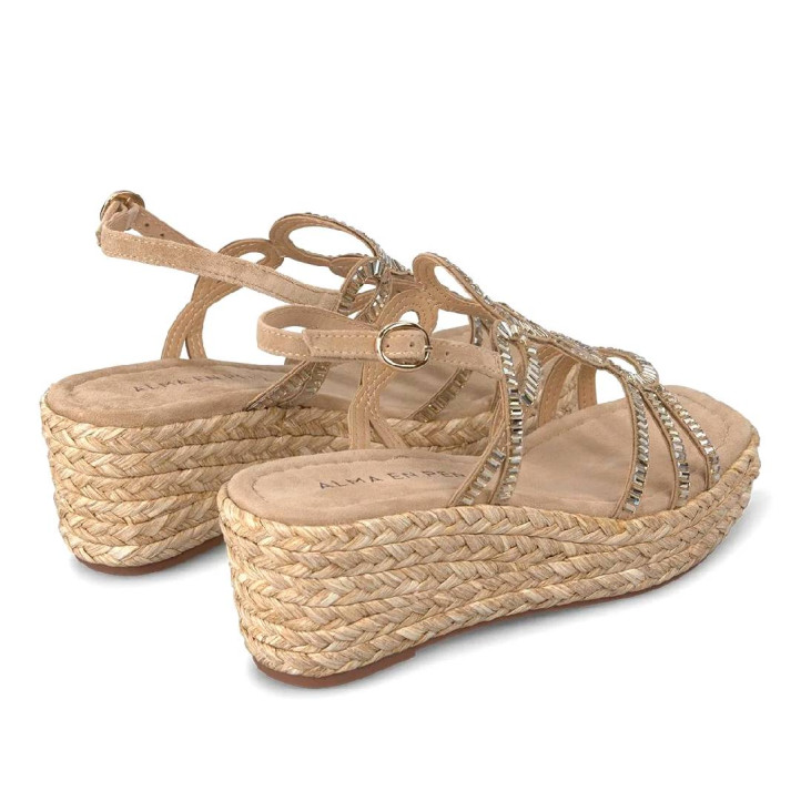Sandalias cuña Alma en pena beige con tiras redondas con brillantes efecto espejo - Querol online