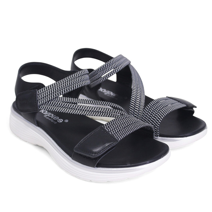 Sandalias planas Amarpies negras con elásticos y cierre de velcro - Querol online