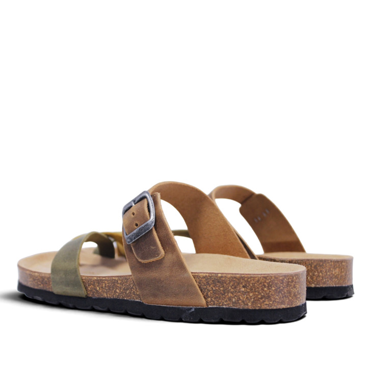 Sandalias planas Redlove mizuki marrones con tiras en verde y amarillo tipo bio - Querol online