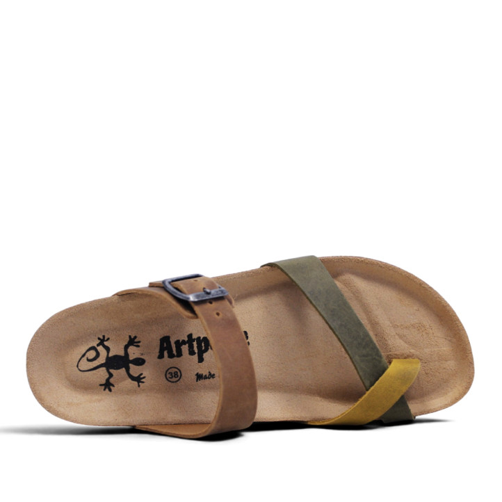 Sandalias planas Redlove mizuki marrones con tiras en verde y amarillo tipo bio - Querol online