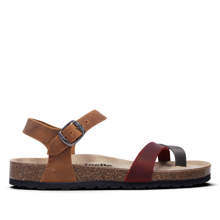 Sandàlies planes Redlove azuka marrons amb tira granat tipus bio - Querol online