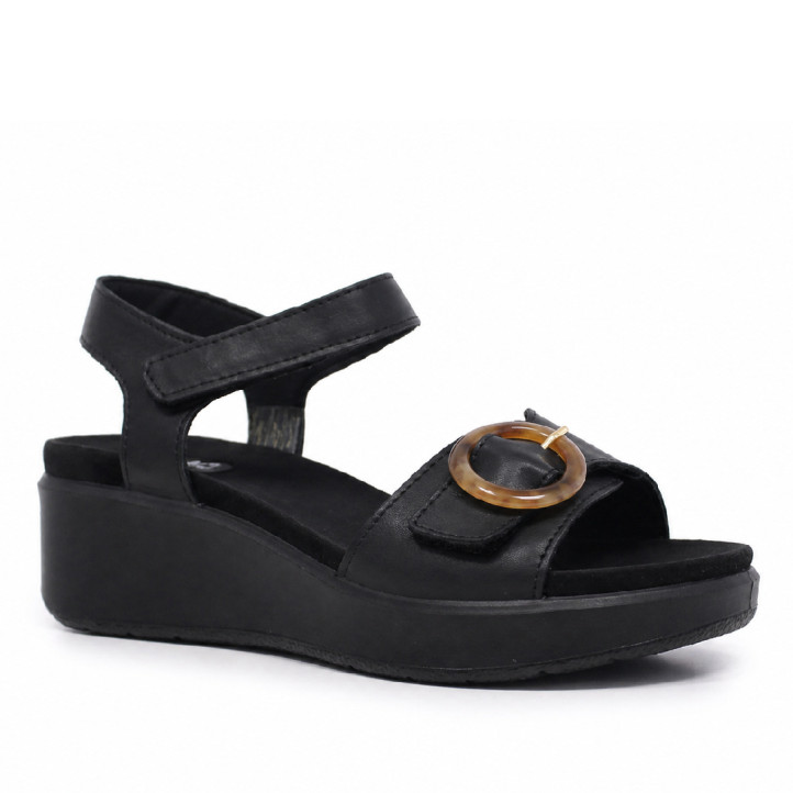 Sandalias cuña Imac negras con hebilla carey y cierre con velcro - Querol online