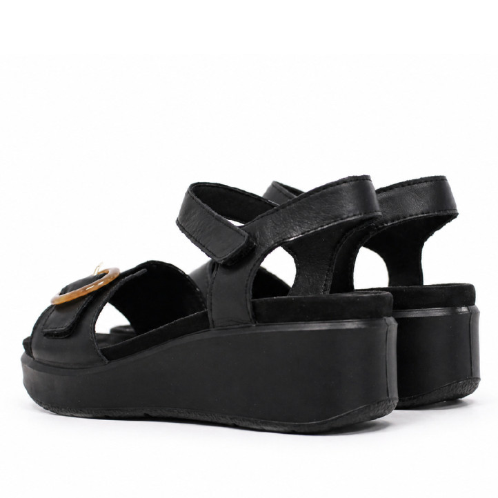 Sandalias cuña Imac negras con hebilla carey y cierre con velcro - Querol online