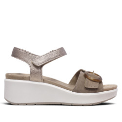 Sandalias cuña Imac taupe y metalizadas con hebilla carey y cierre con velcro - Querol online