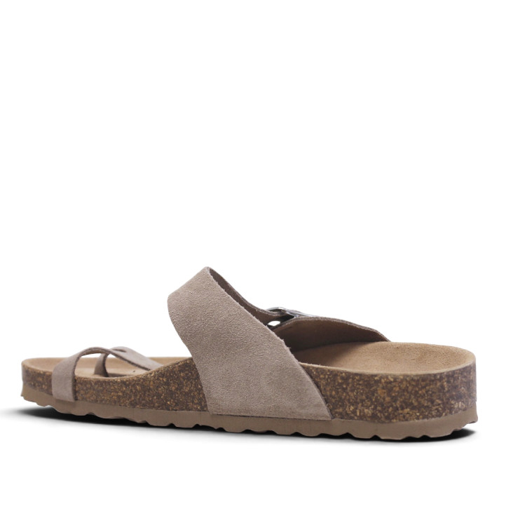 Sandalias planas Owel menorca beige con tira cruzada y hebilla tipo bio - Querol online