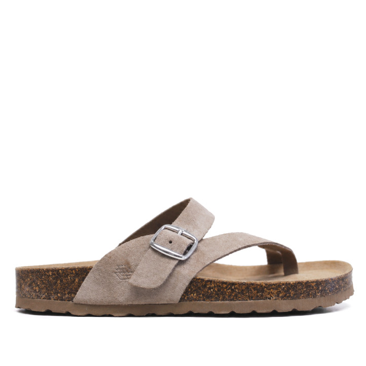 Sandalias planas Owel menorca beige con tira cruzada y hebilla tipo bio - Querol online