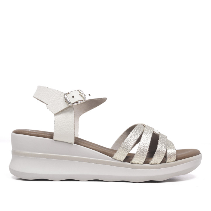 Sandalias cuña Redlove miyu metalizadas con tiras metalizadas y blancas - Querol online