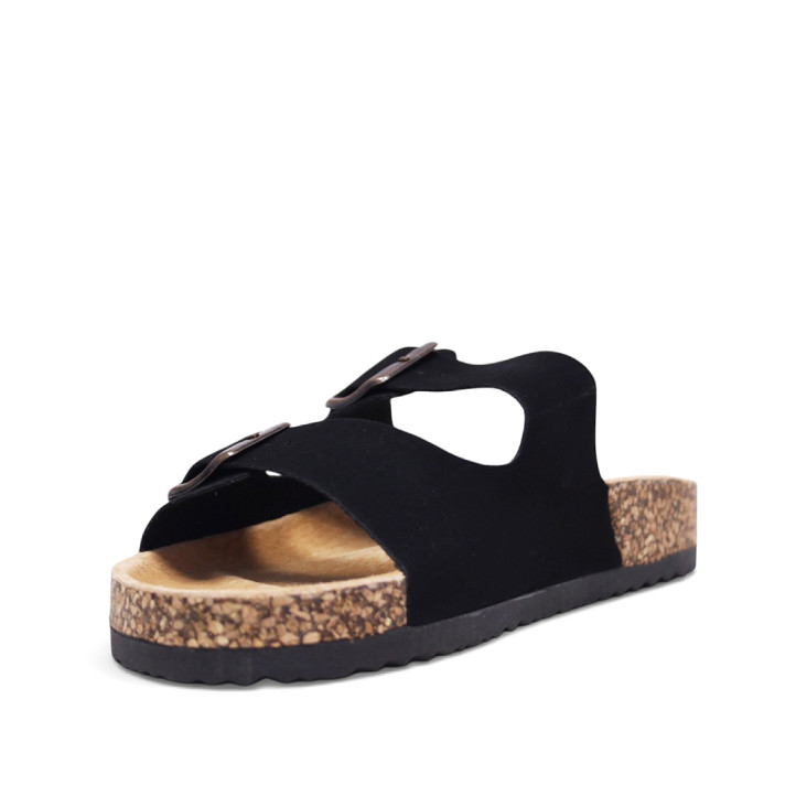 Sandalias planas Querol negras estilo bio con doble hebilla envejecida y suela efecto corcho - Querol online