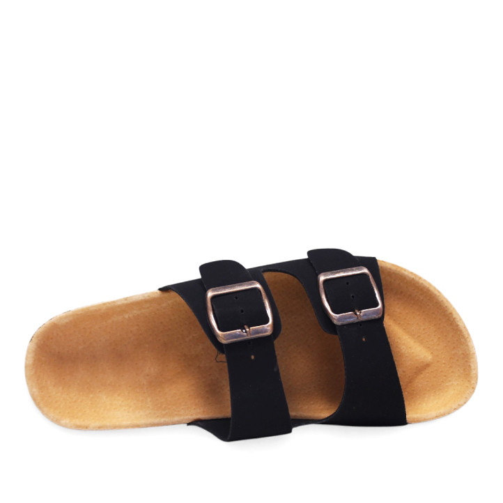 Sandalias planas Querol negras estilo bio con doble hebilla envejecida y suela efecto corcho - Querol online