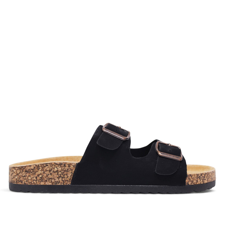 Sandalias planas Querol negras estilo bio con doble hebilla envejecida y suela efecto corcho - Querol online