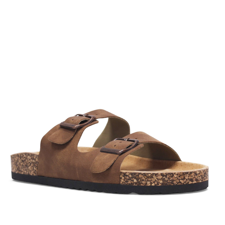 Sandalias planas Stay marrones estilo bio con doble hebilla envejecida y suela efecto corcho - Querol online