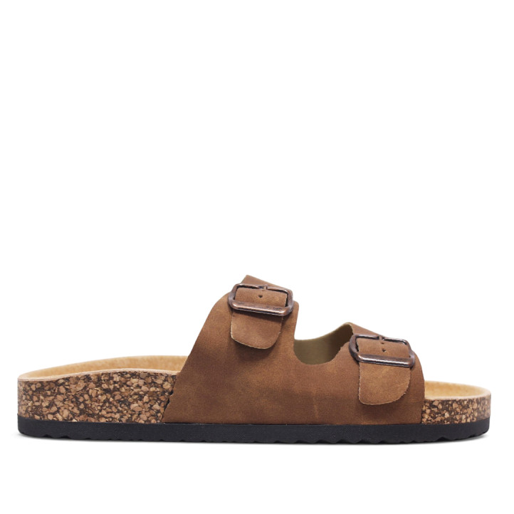 Sandàlies planes Stay marrons estil bio amb doble sivella envellida i sola efecte suro - Querol online