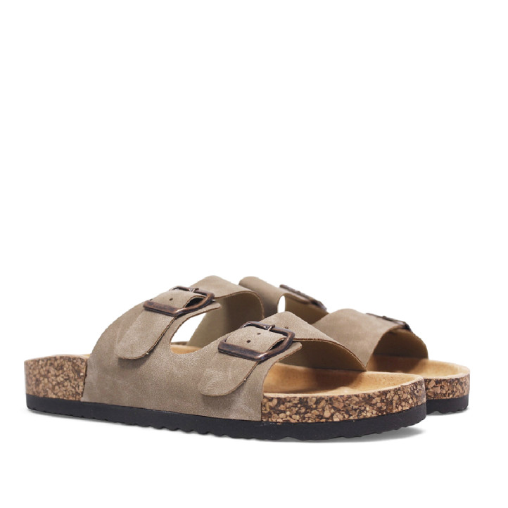 Sandalias planas Querol taupe estilo bio con doble hebilla envejecida y suela efecto corcho - Querol online