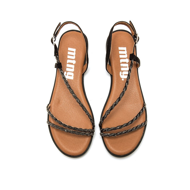 Sandalias planas Mustang maria negras con tiras trenzadas y brillos - Querol online