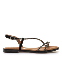 Sandalias planas Mustang maria negras con tiras trenzadas y brillos - Querol online