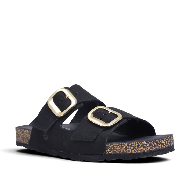 Sandalias planas Yokono jerba negras con dos tiras y doble hebilla tipo bio - Querol online