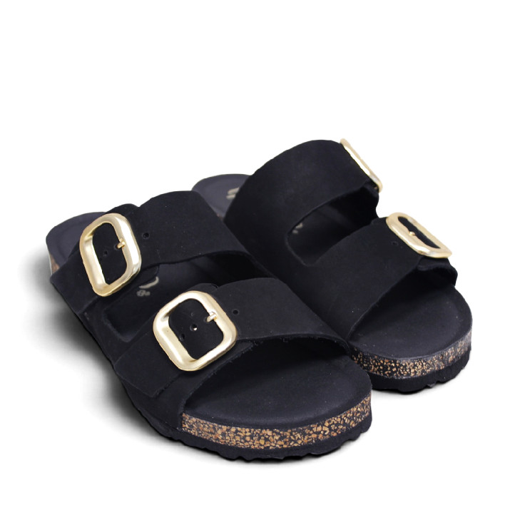 Sandalias planas Yokono jerba negras con dos tiras y doble hebilla tipo bio - Querol online