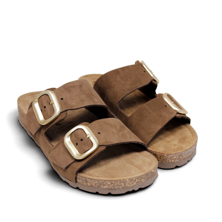 Sandalias planas Yokono jerba marrón oscuro con dos tiras y doble hebilla tipo bio - Querol online
