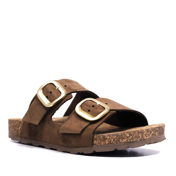 Sandalias planas Yokono jerba marrón oscuro con dos tiras y doble hebilla tipo bio - Querol online