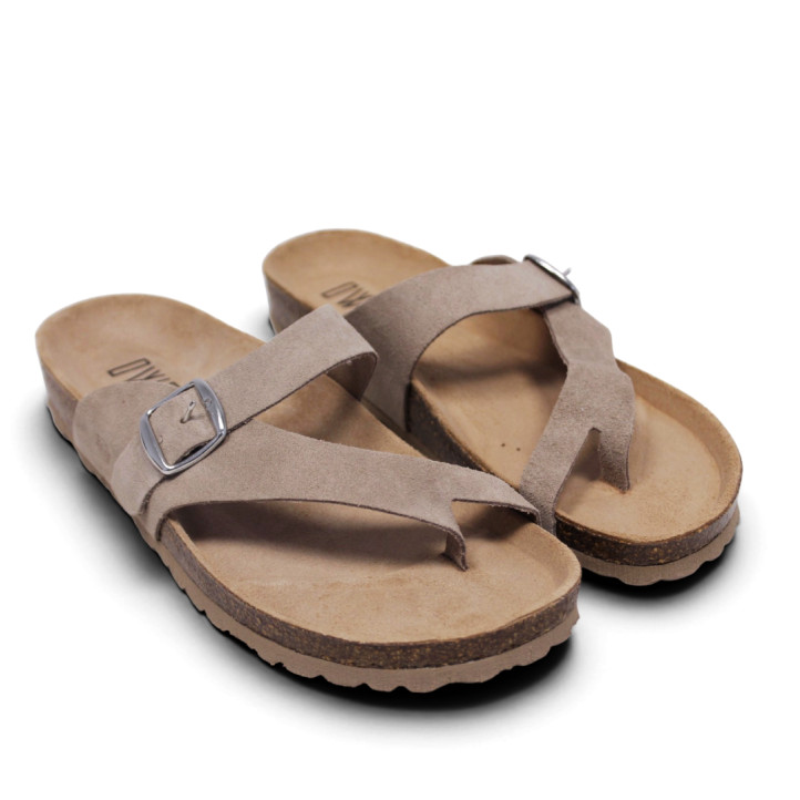 Sandalias planas Owel menorca beige con tira cruzada y hebilla tipo bio - Querol online