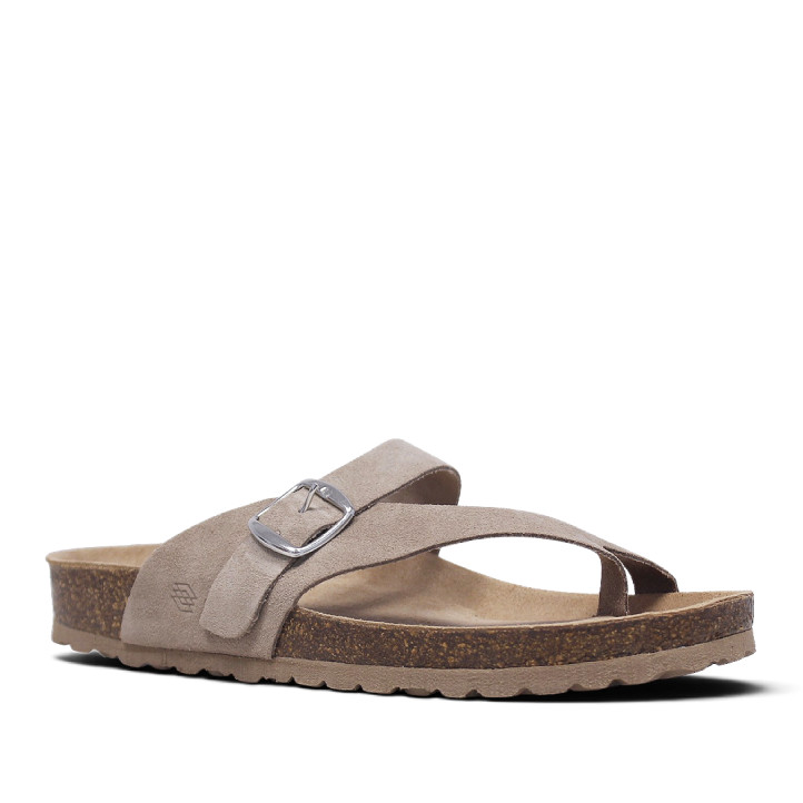Sandalias planas Owel menorca beige con tira cruzada y hebilla tipo bio - Querol online
