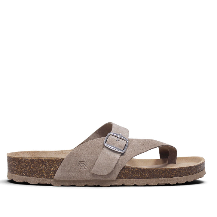 Sandalias planas Owel menorca beige con tira cruzada y hebilla tipo bio - Querol online