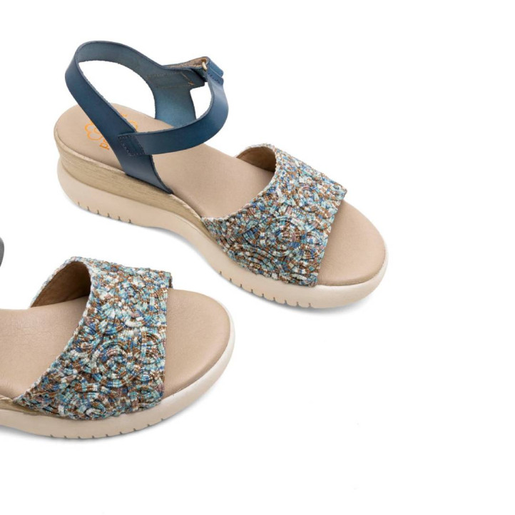 SANDALIA DE CUÑA DE PIEL Y TEXTIL ELISA AZUL PORRONET - Querol online