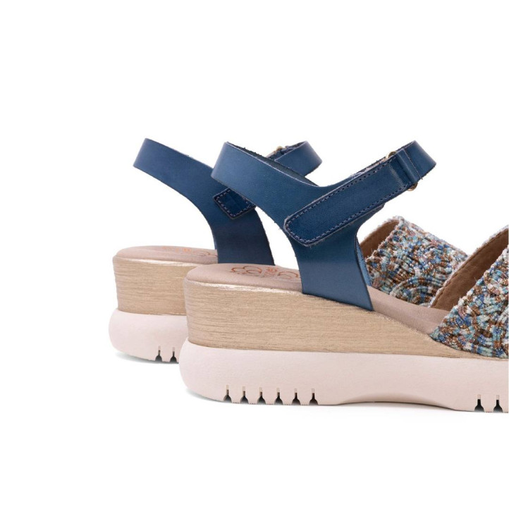 SANDALIA DE CUÑA DE PIEL Y TEXTIL ELISA AZUL PORRONET - Querol online