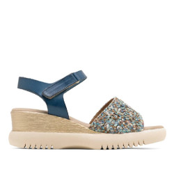 SANDALIA DE CUÑA DE PIEL Y TEXTIL ELISA AZUL PORRONET - Querol online