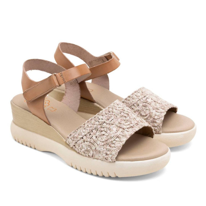 SANDALIA DE CUÑA DE PIEL Y TEXTIL ELISA TAUPE PORRONET - Querol online