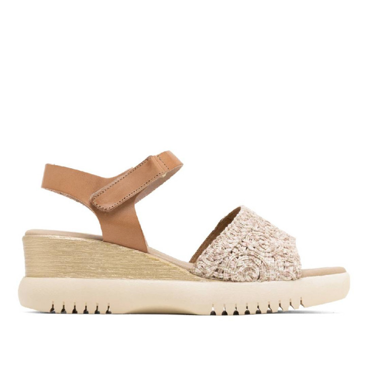 SANDALIA DE CUÑA DE PIEL Y TEXTIL ELISA TAUPE PORRONET - Querol online
