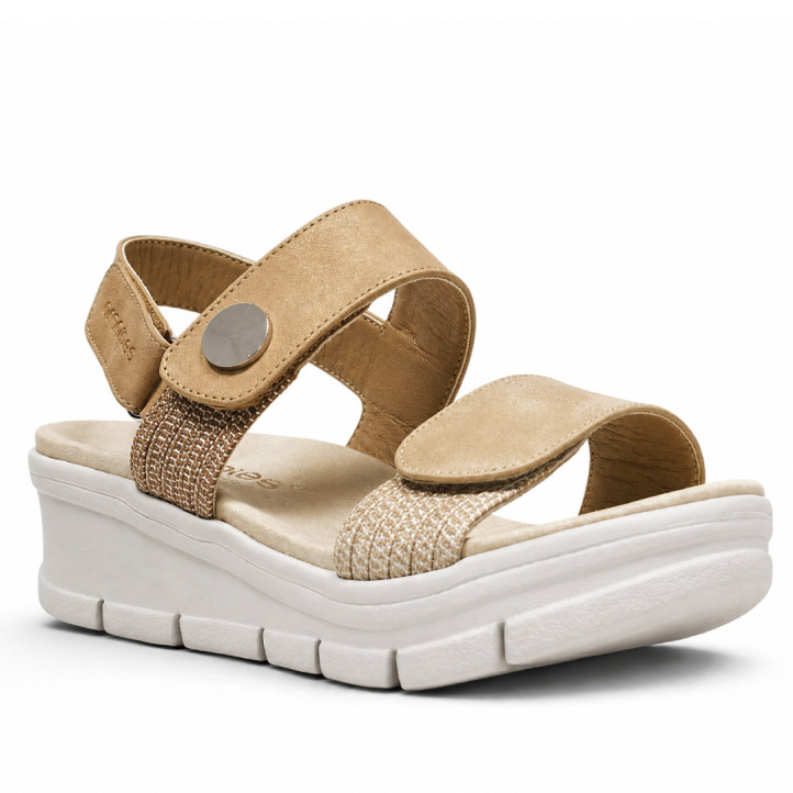 Sandalias cuña Amarpies tostadas con triple velcro y tiras elásticas - Querol online